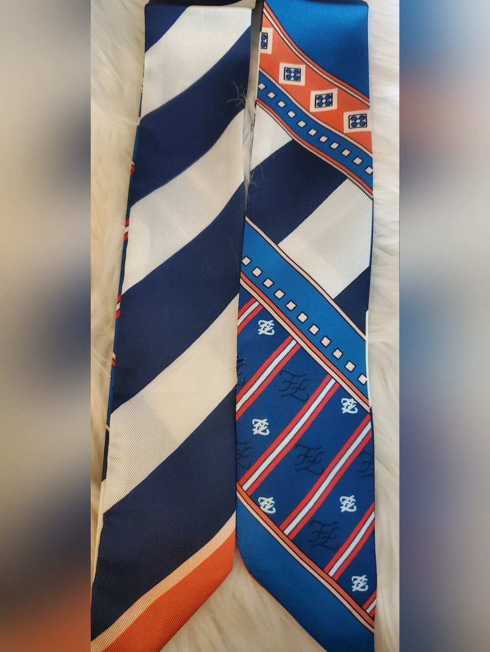 Skinny Bag Twilly, Classic Blue & White Striped Scarf Wrap with Orange Accents